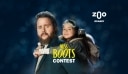 A man, a little girl, a skunk and the contest logos